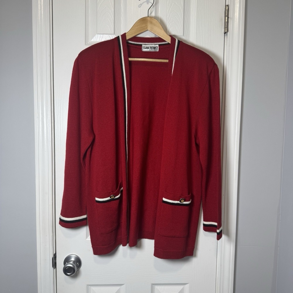 Vintage San Remo Cardigan Sweater Red Black Gold XL Acrylic Blend Old Money‎